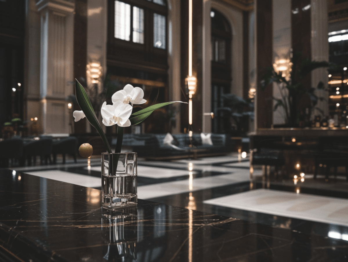 Elegant hotel lobby with white orchids centerpiece.