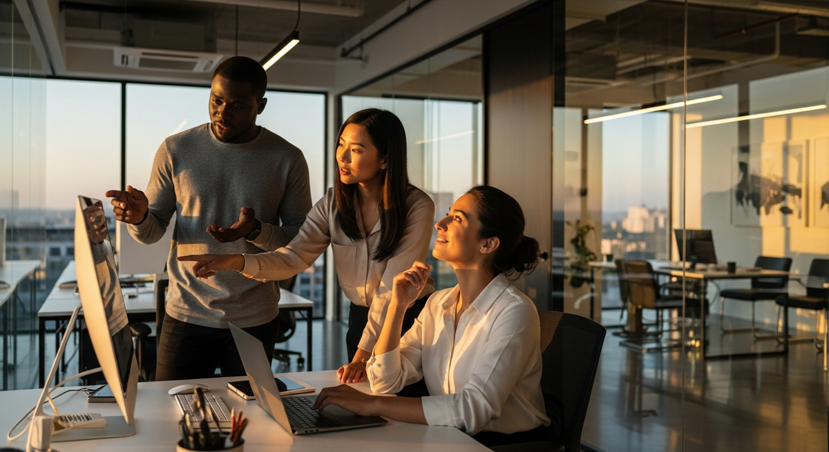 Marketing agency professionals brainstorming client campaign strategies in modern conference room