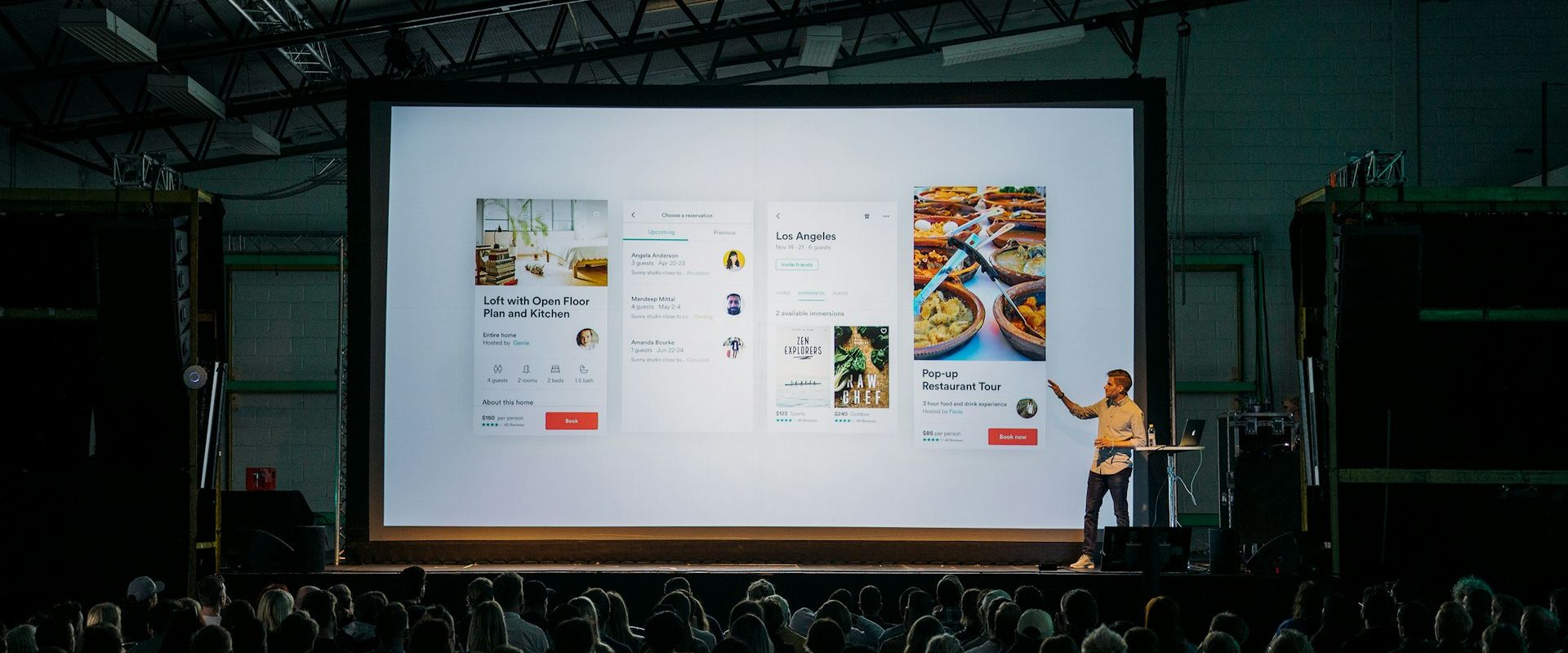 Corporate event with sponsor branding and networking professionals