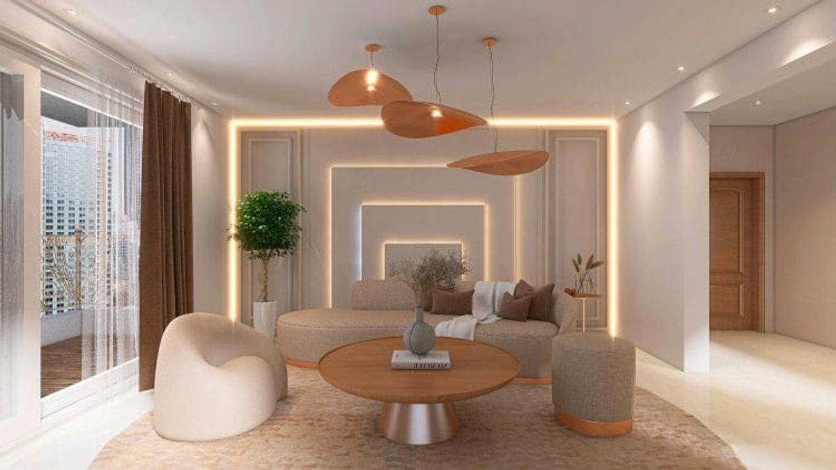 Modern living room with elegant furniture and lighting.