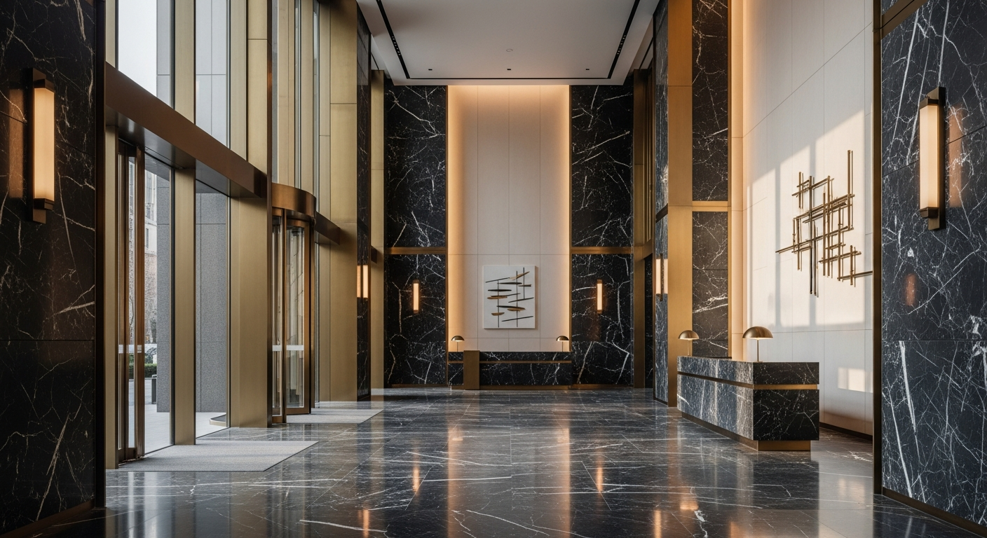 Premium dark marble corporate lobby with brass accents — best reputation management agencies