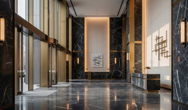 Premium dark marble corporate lobby with brass accents — best reputation management agencies