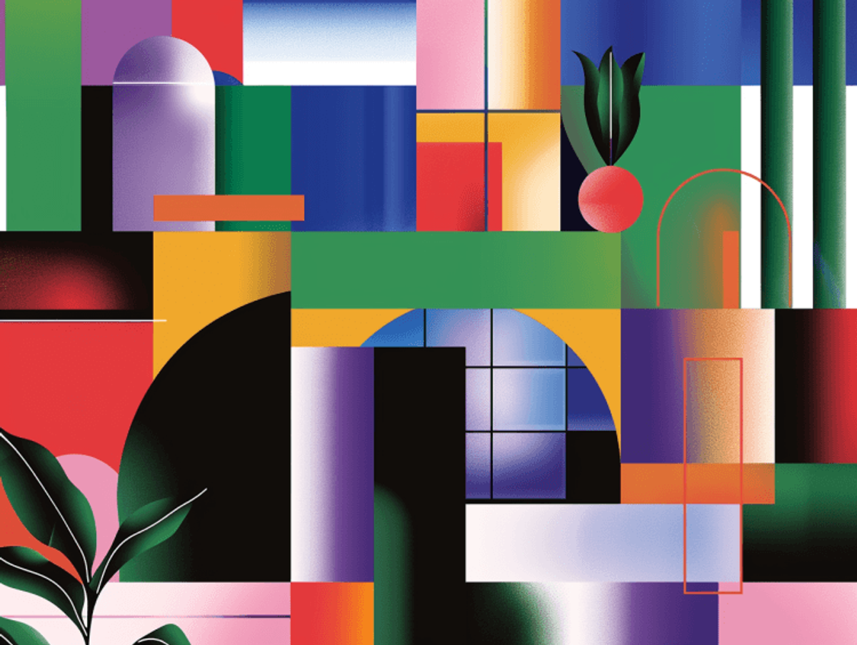 Colorful abstract geometric art with shapes and gradients.