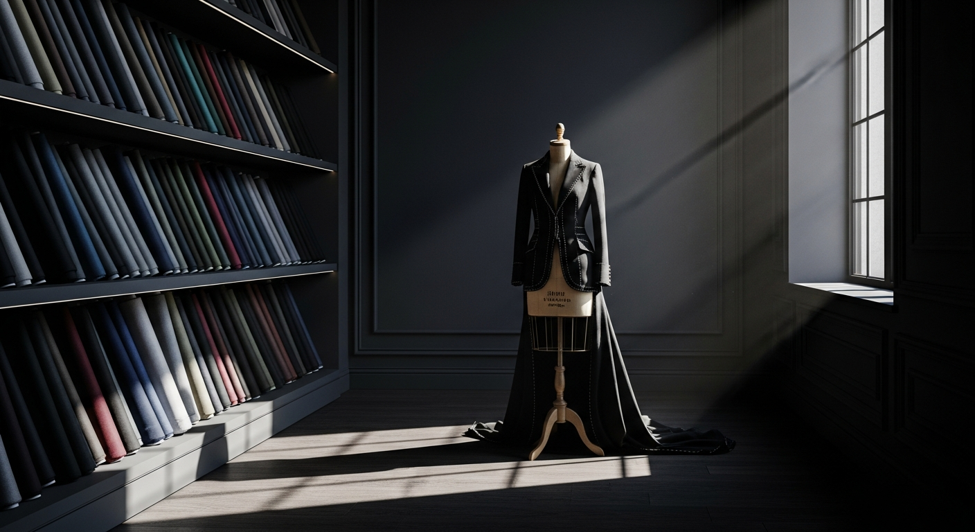 Luxury fashion atelier with dark walls, fabric bolts, and dramatic natural lighting