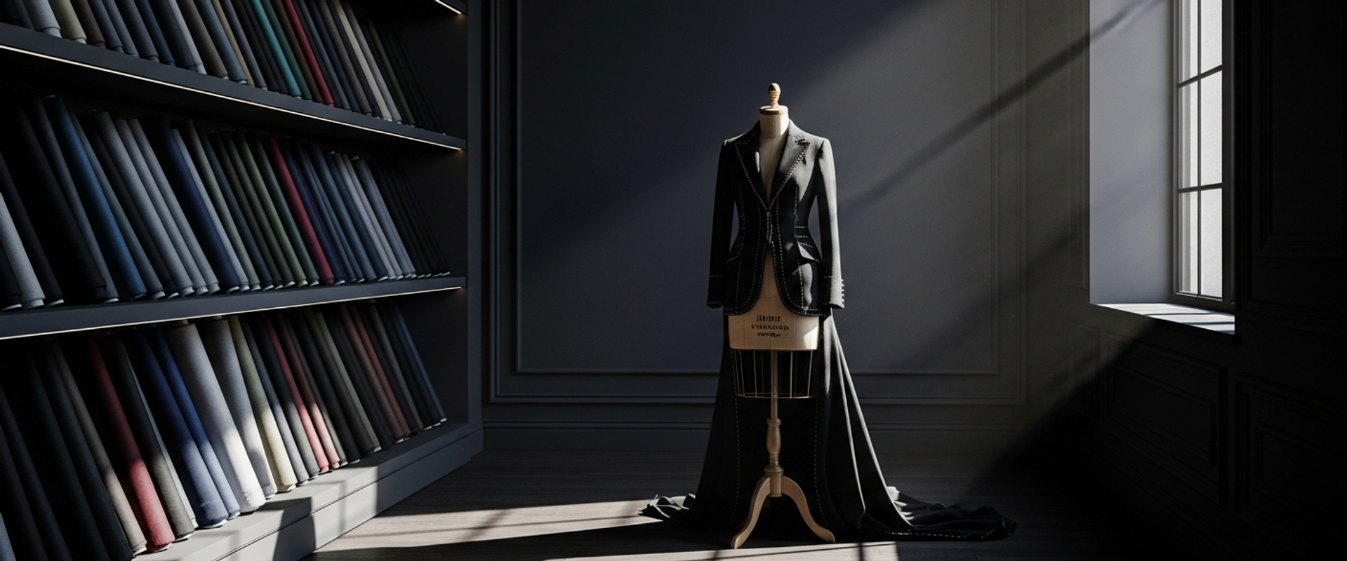 Luxury fashion atelier with dark walls, fabric bolts, and dramatic natural lighting