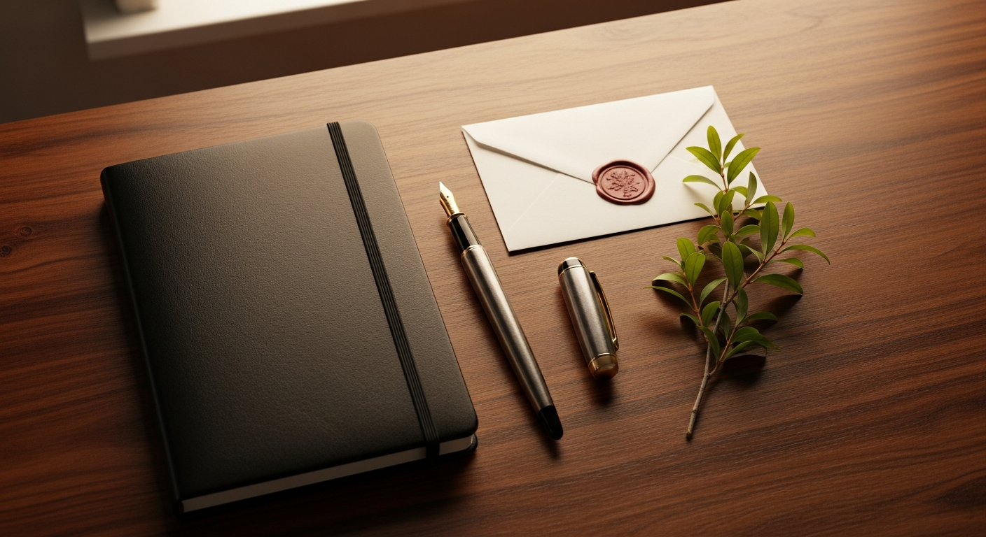 Editorial flat-lay with envelope on dark walnut representing email marketing benchmarks