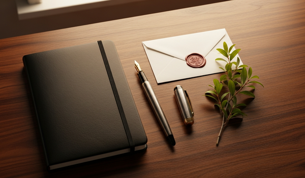 Editorial flat-lay with envelope on dark walnut representing email marketing benchmarks