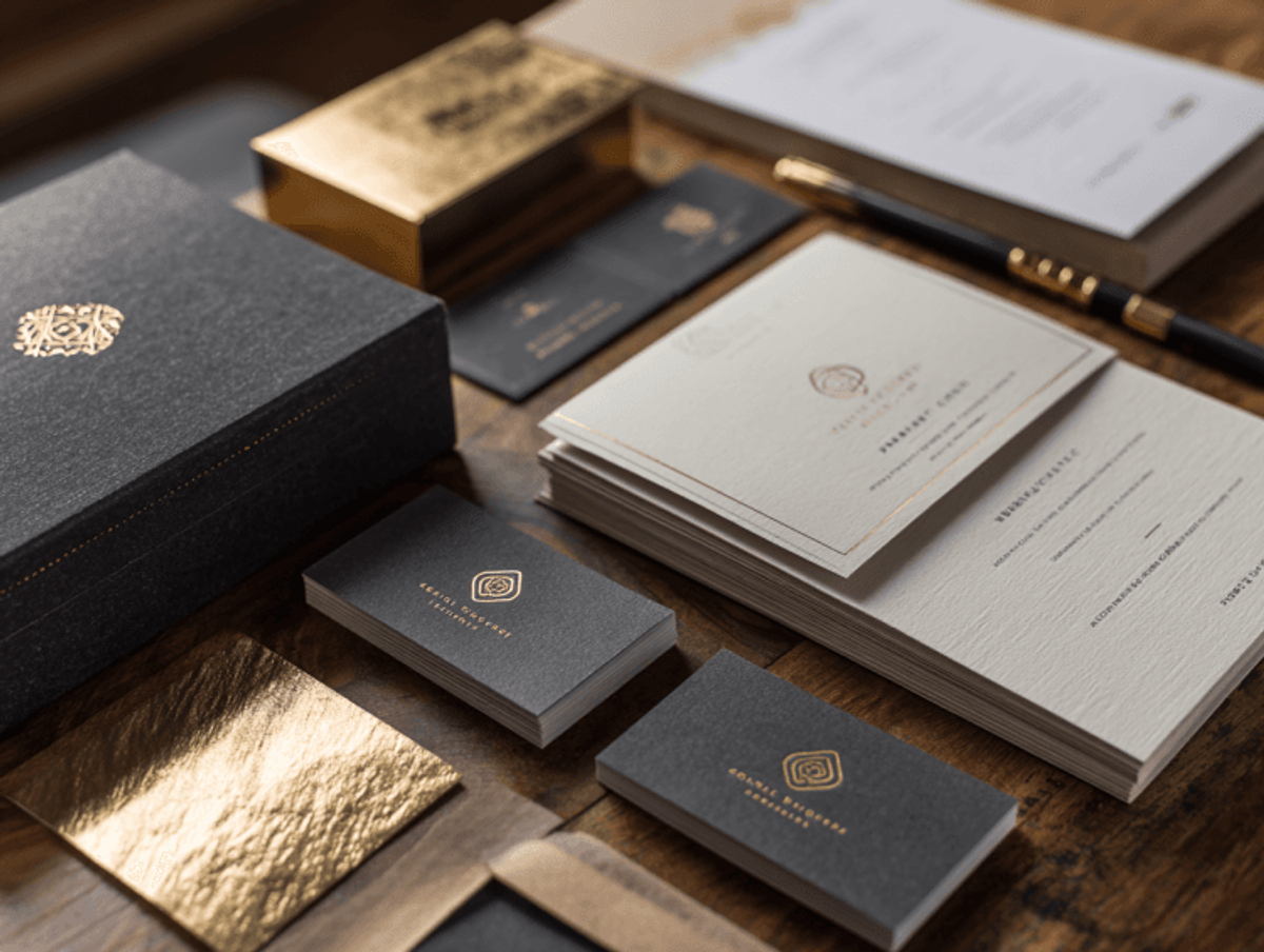 Elegant stationary set with gold accents on table.