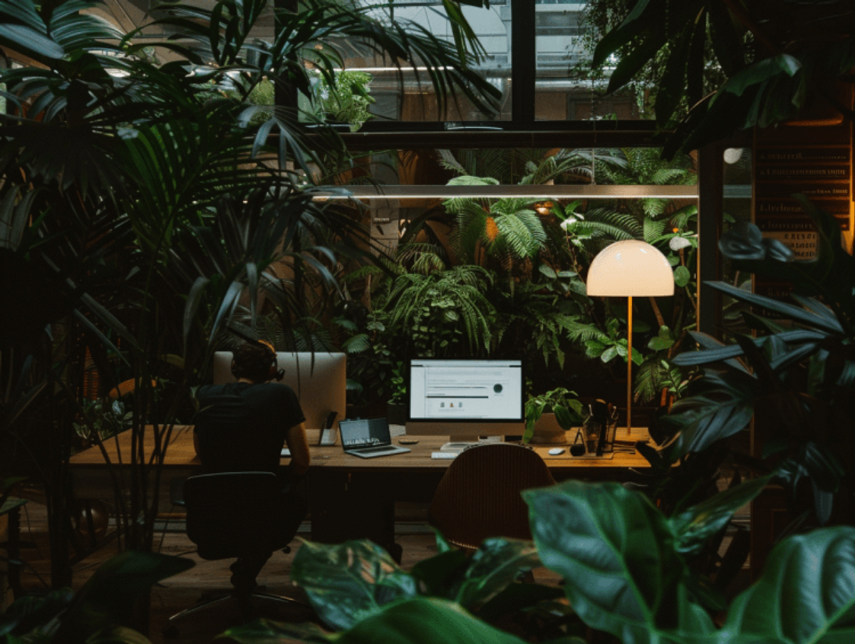 Person working at computer in lush green office