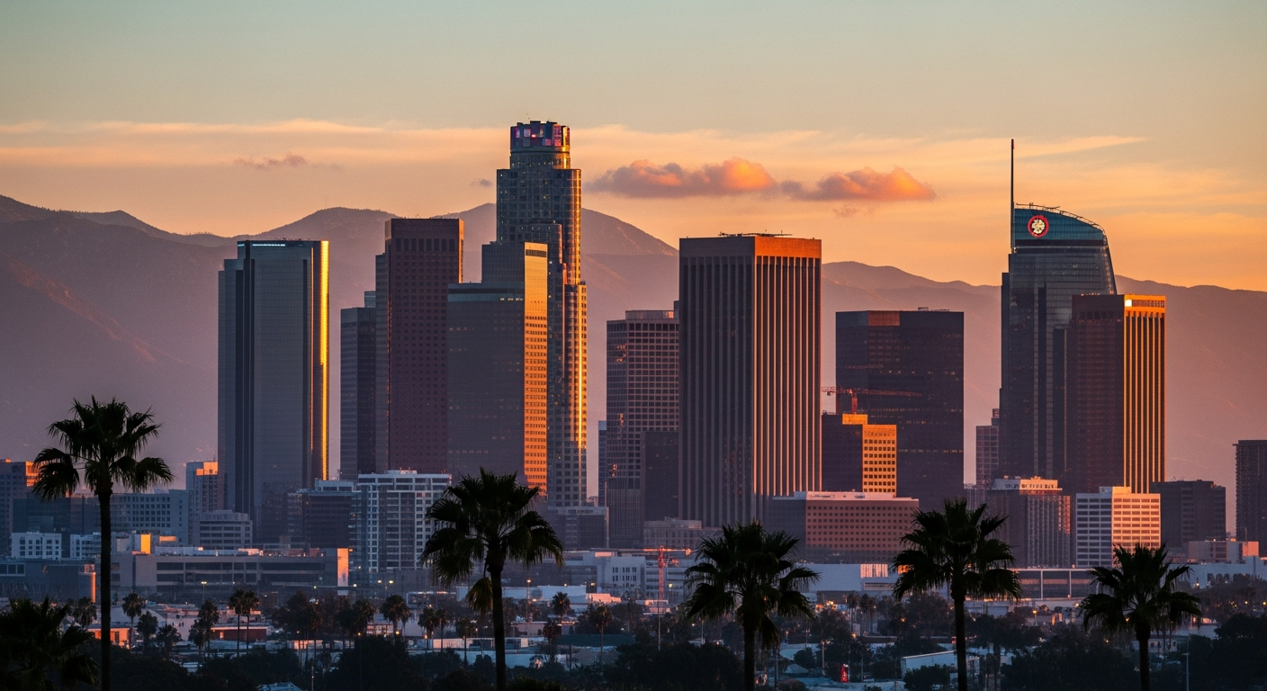 Downtown Los Angeles skyline at golden hour with mountains - Investor Relations in Los Angeles