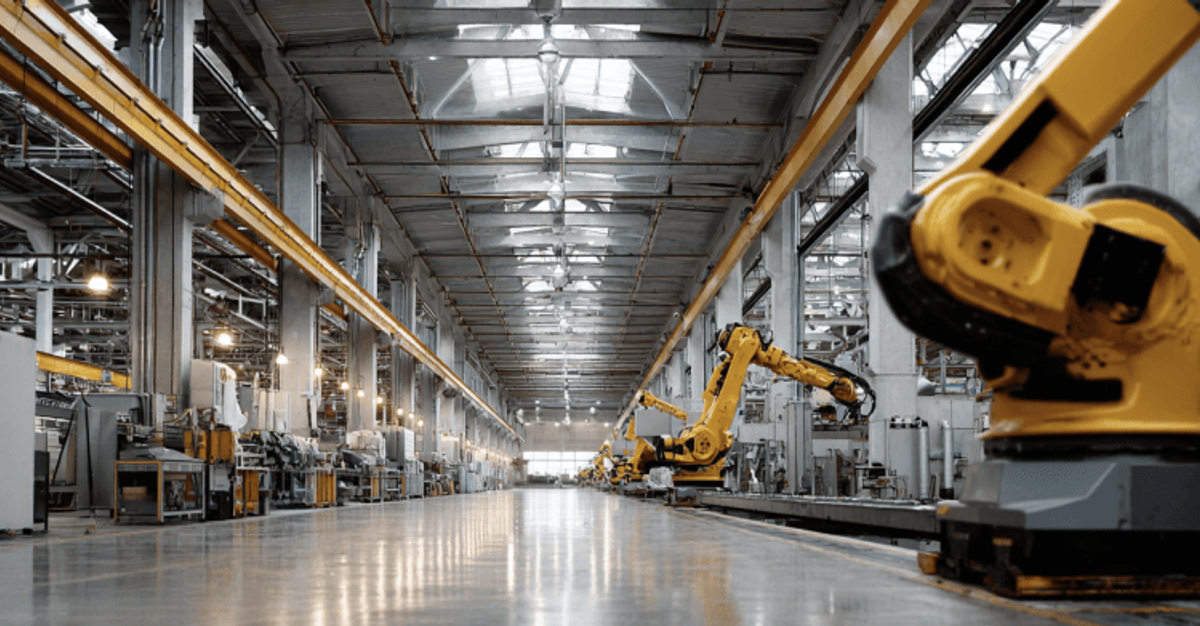 Automated factory with yellow robotic arms