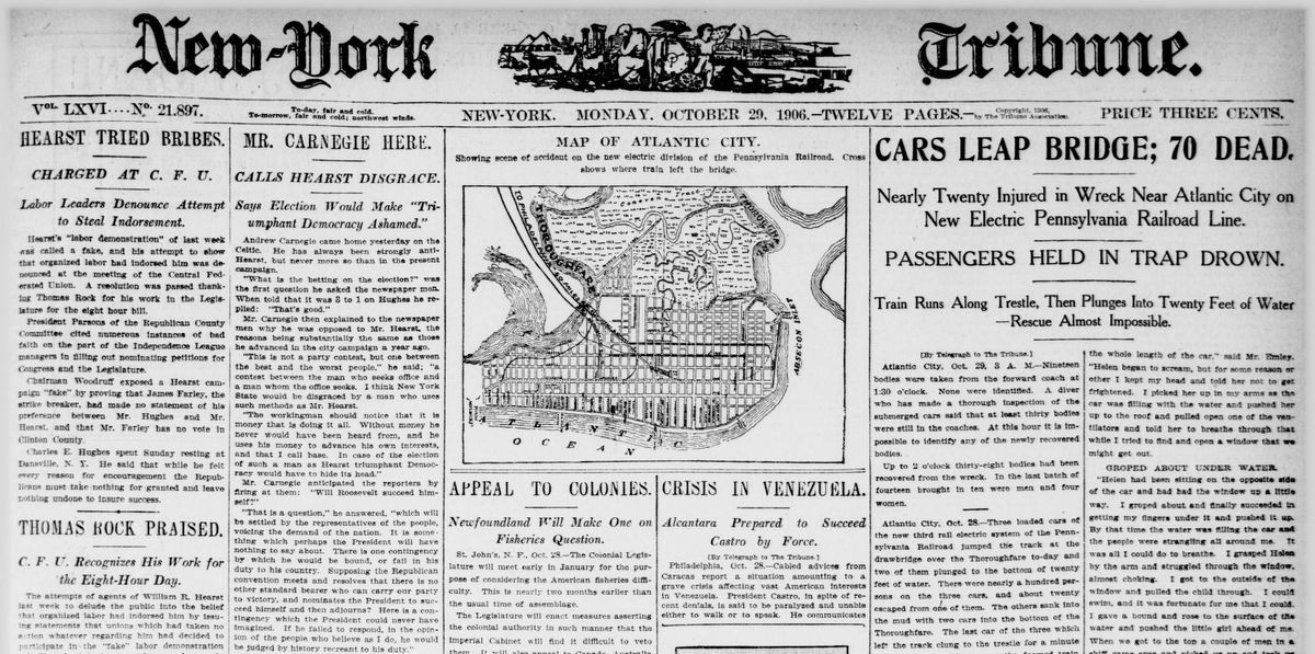 Top of the New-York Tribune front page for Monday, October 29, 1906, with a map of Atlantic City in the center and the headline "Cars Leap Bridge; 70 Dead" in the right-hand column