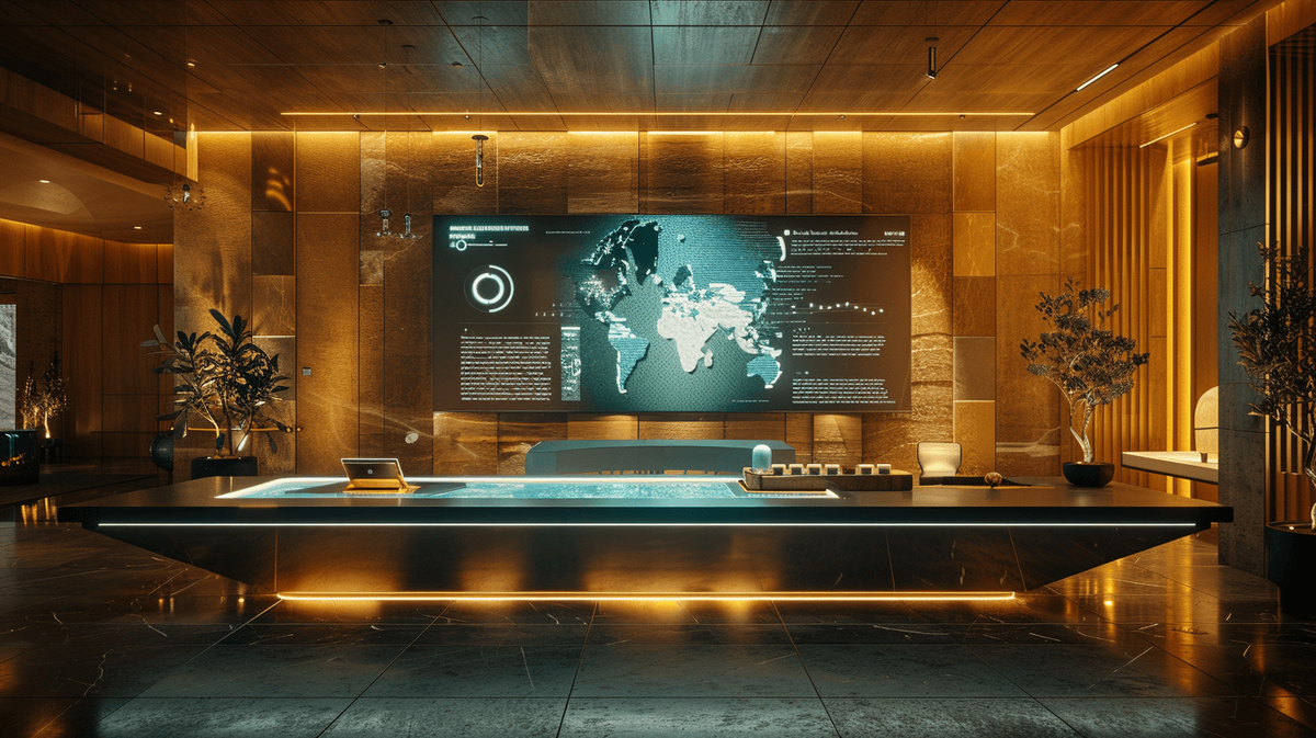 Modern conference room with digital world map display.