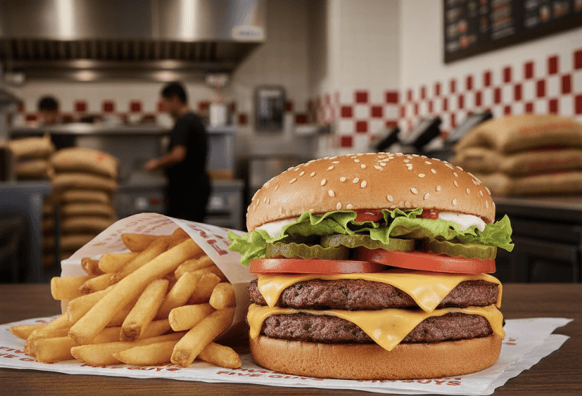 Cheeseburger with fries on restaurant table.