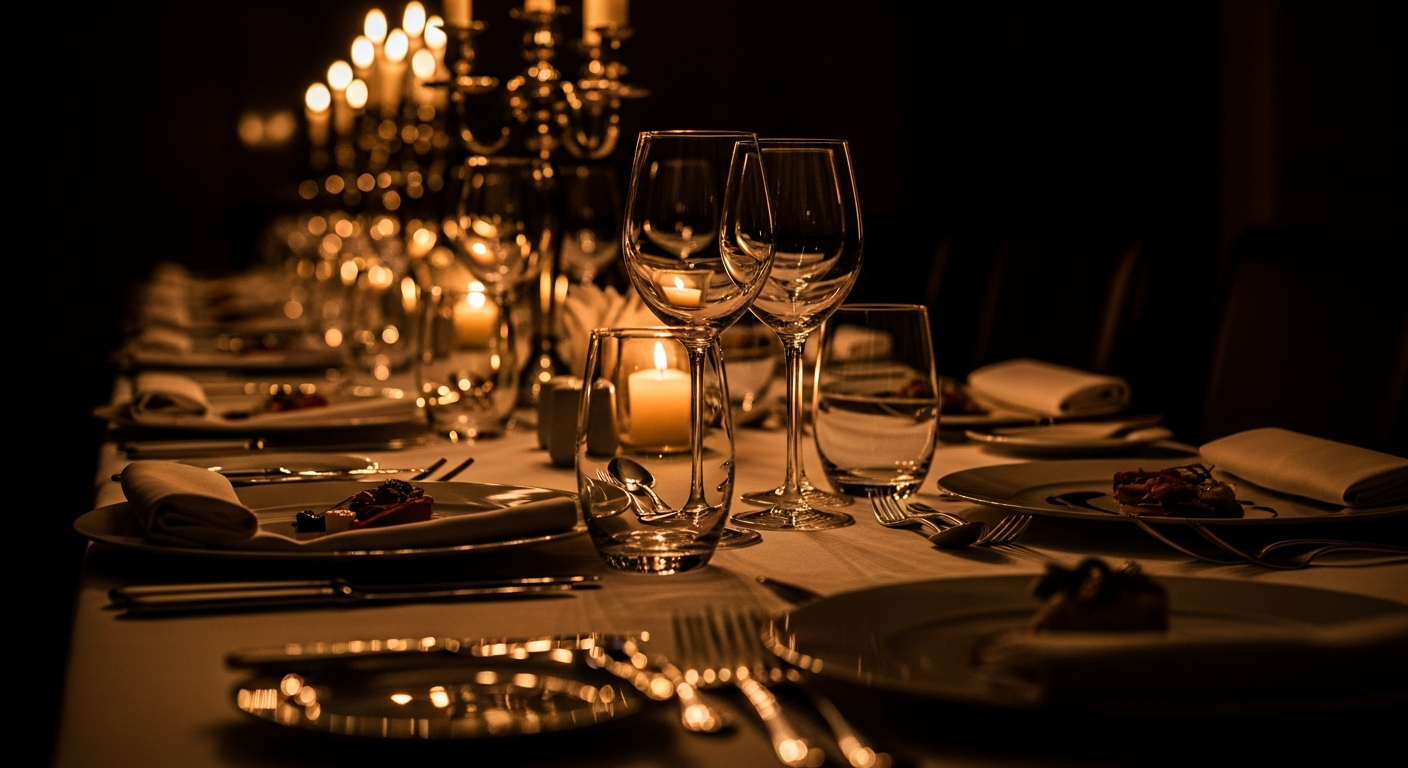 Elegant plated dinner service with candlelight reflections on crystal glassware — comparing independent catering and full-service event venues