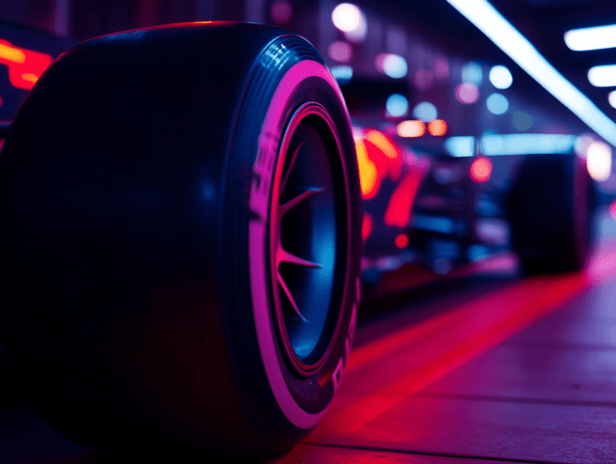 Close-up of race car tire in neon light