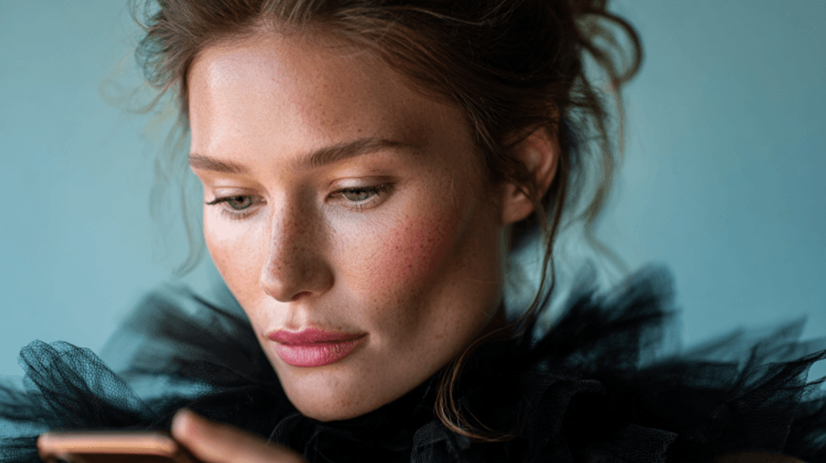 Close-up of woman in black outfit, looking down.