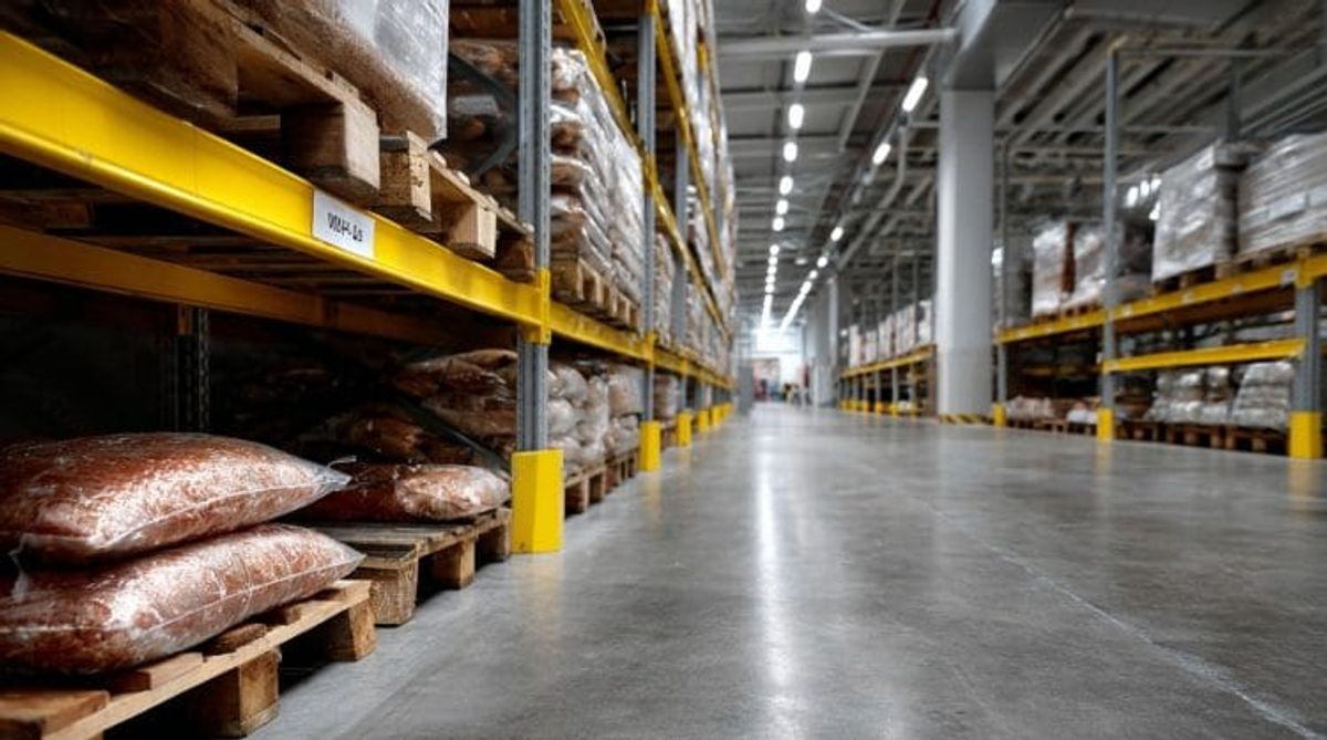 Large warehouse with pallets on shelves.