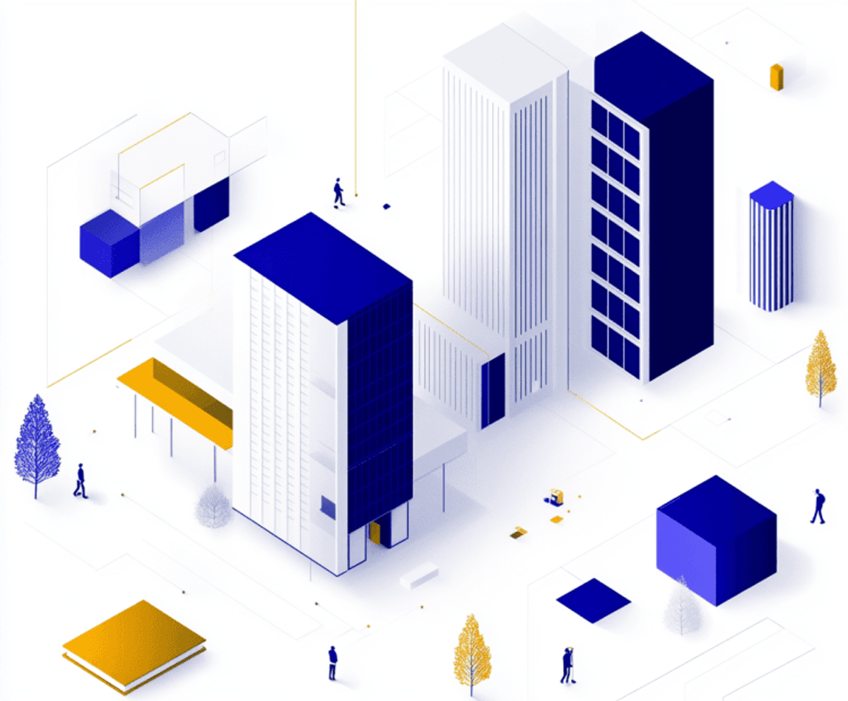 Isometric cityscape with modern buildings and minimal design.