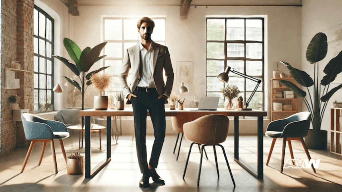 Businessman in modern office with plants and sunlight