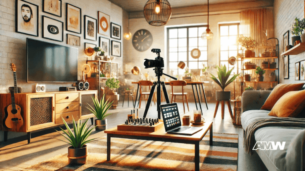 Modern living room with camera setup and plants.