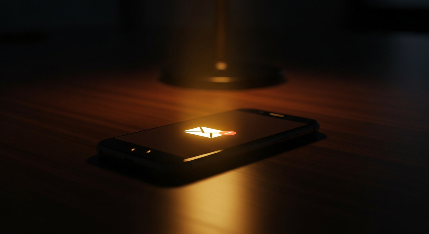 Email notification glowing on a smartphone in a premium dark desk setting