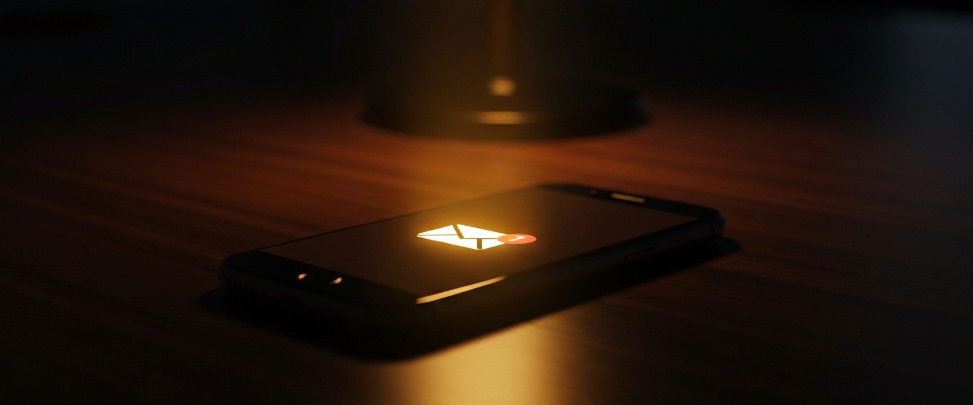 Email notification glowing on a smartphone in a premium dark desk setting