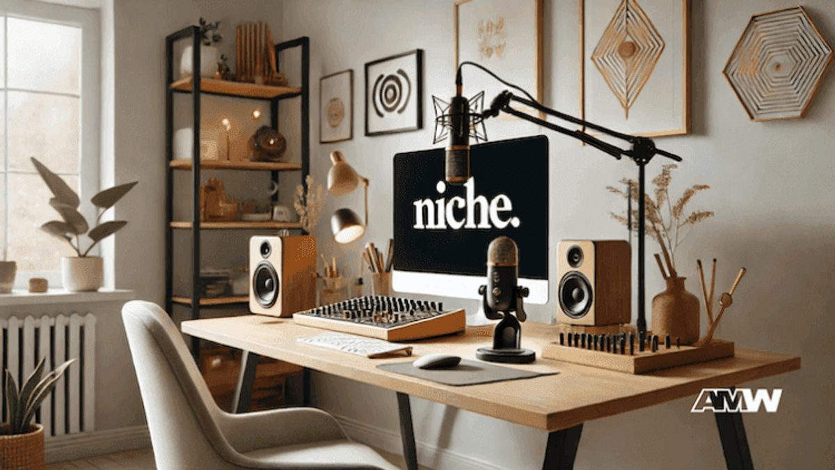 Modern home office with podcast setup