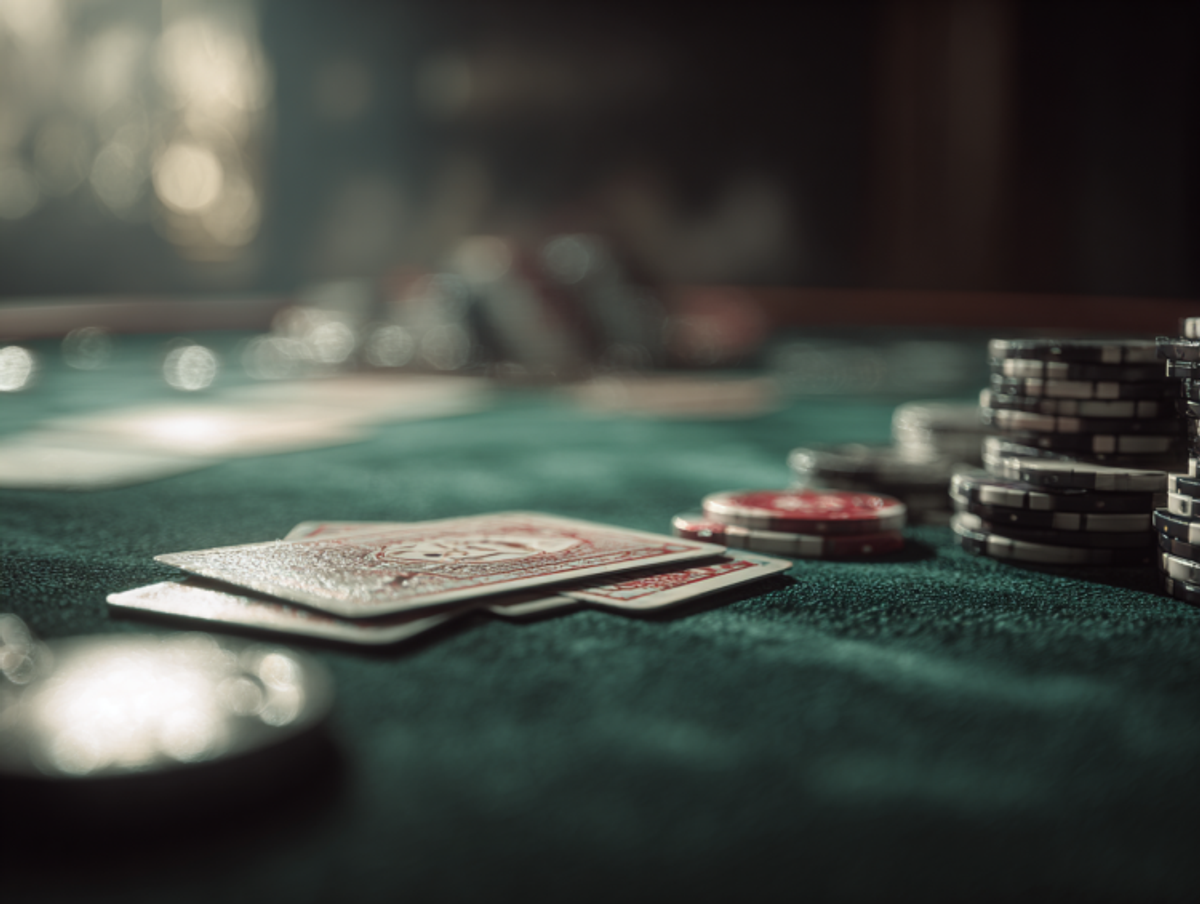Poker table with cards and chips.