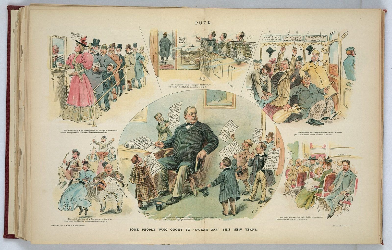 A Puck centerfold of colored cartoon vignettes: President Grover Cleveland seated at the center surrounded by boys holding papers, with scenes of a crowded ticket window, a streetcar, a theatre audience and a doorway around him