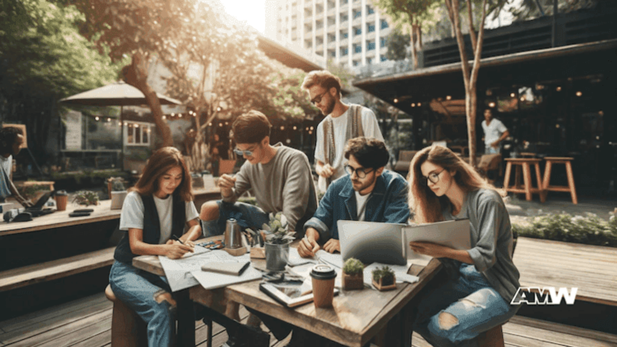 Group working together outdoors on laptops and notes.