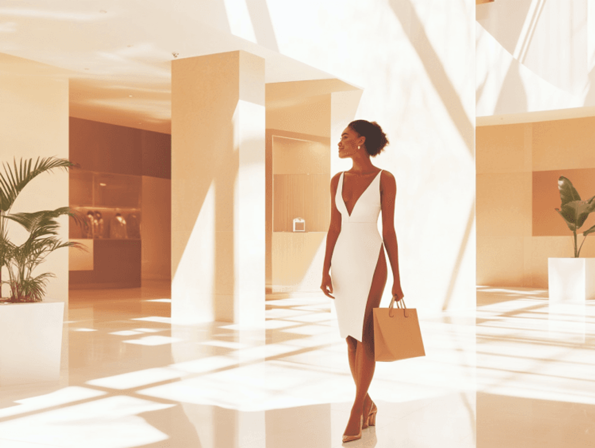 Woman in white dress with shopping bag indoors.