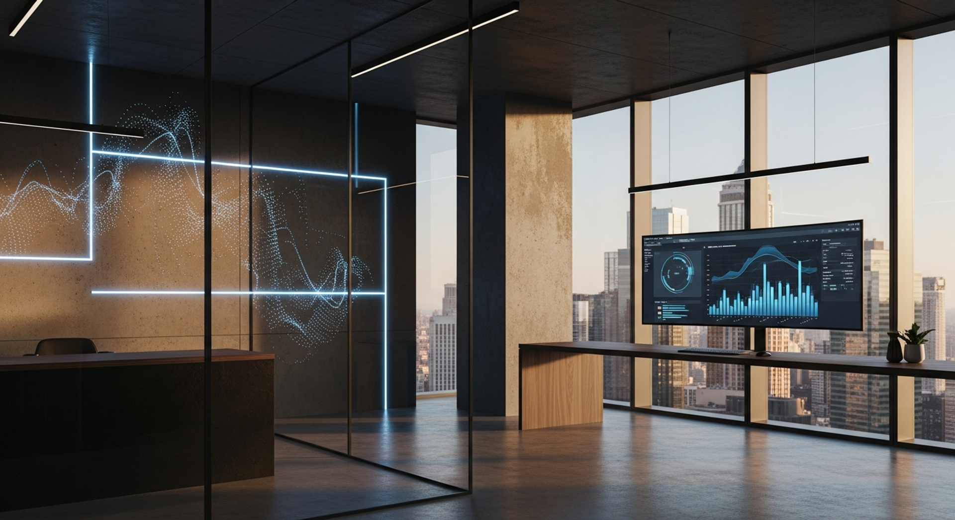 Modern data visualization room with statistical charts and city skyline view