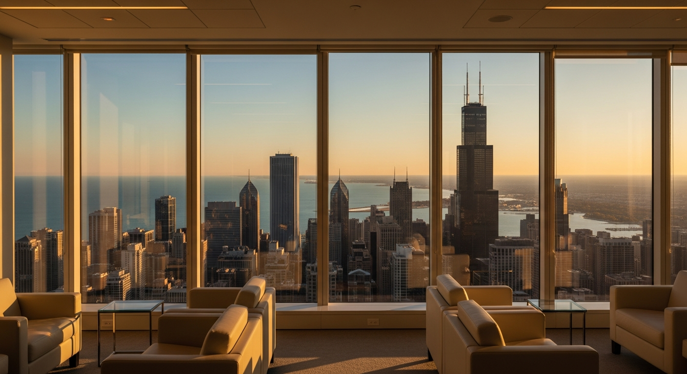 Chicago skyline at golden hour from executive office with Willis Tower and Lake Michigan view
