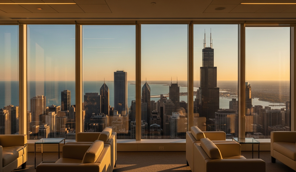 Chicago skyline at golden hour from executive office with Willis Tower and Lake Michigan view