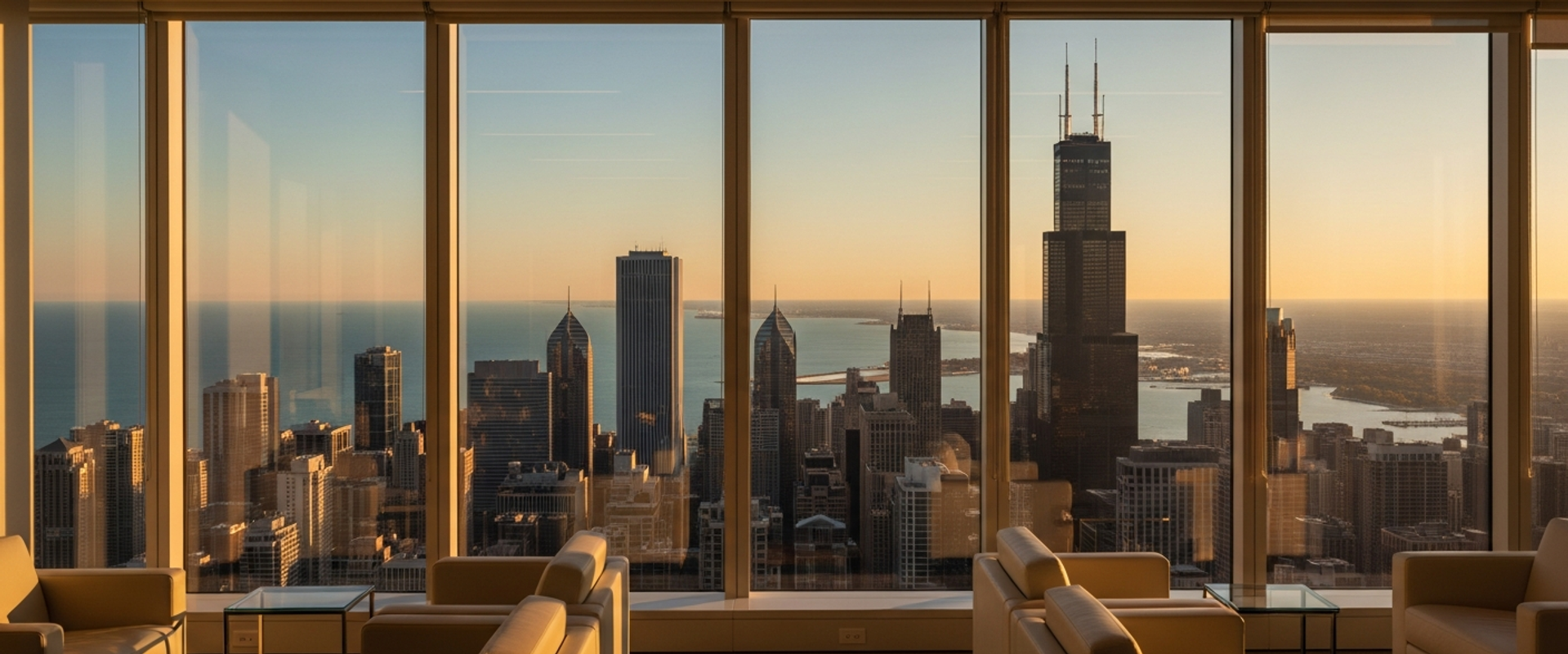 Chicago skyline at golden hour from executive office with Willis Tower and Lake Michigan view