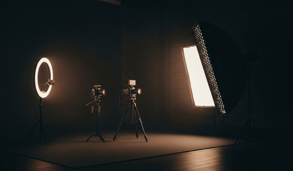 Dark content creation studio with dramatic lighting