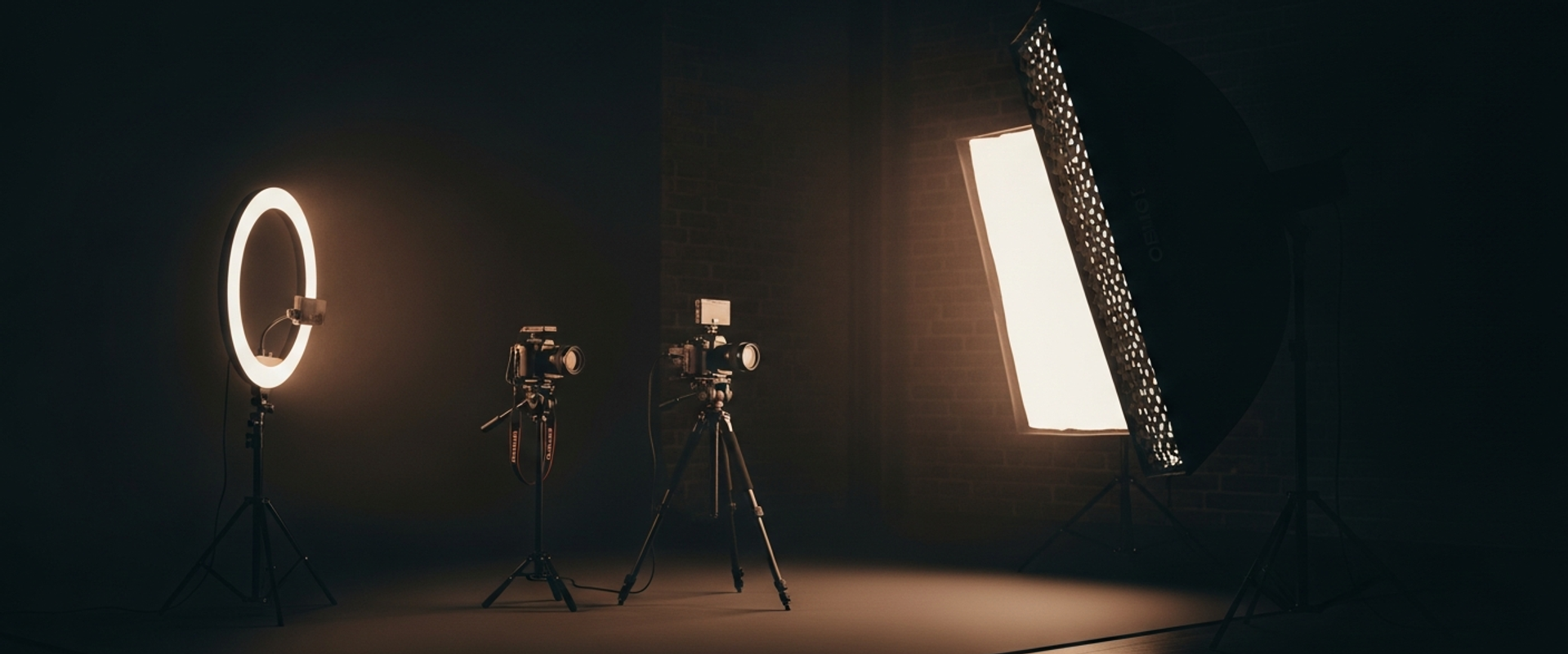 Dark content creation studio with dramatic lighting