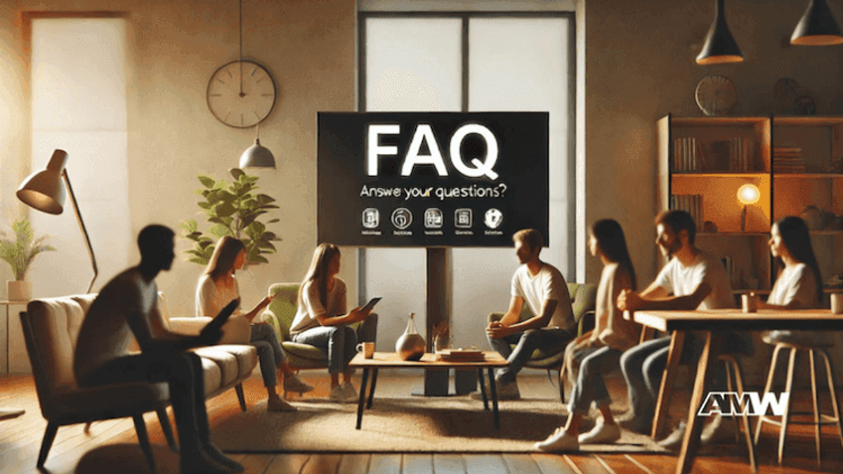 People discussing FAQ in a modern lounge.
