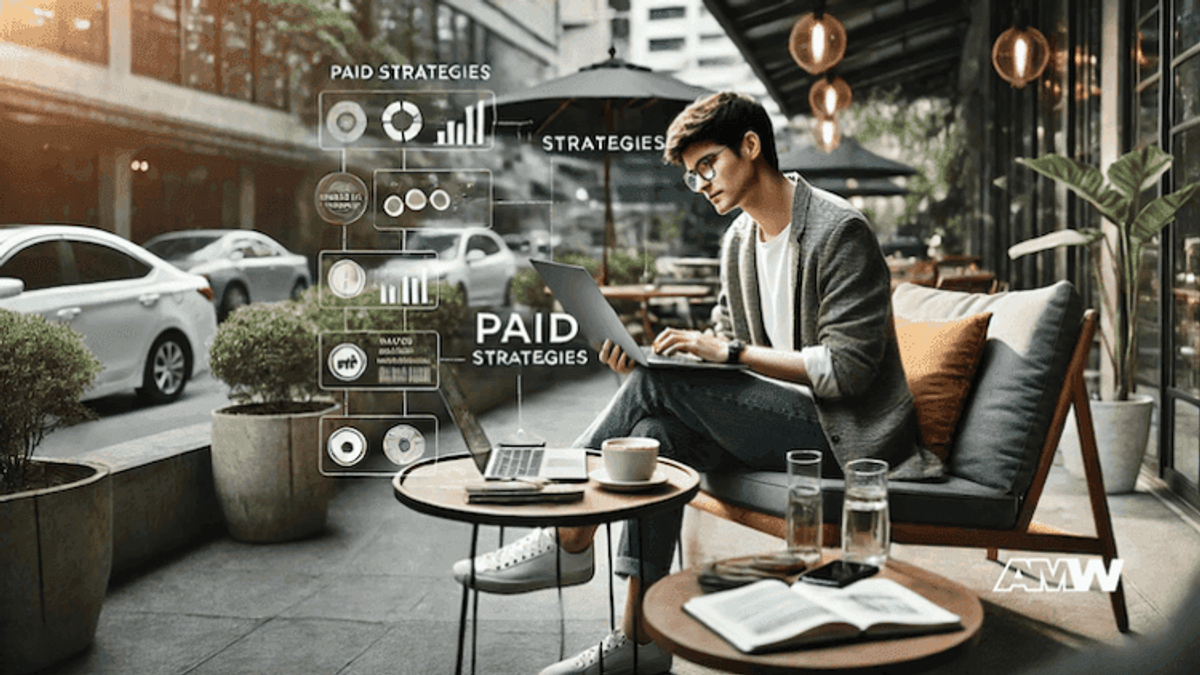 Man working on laptop, marketing strategies graphics displayed.