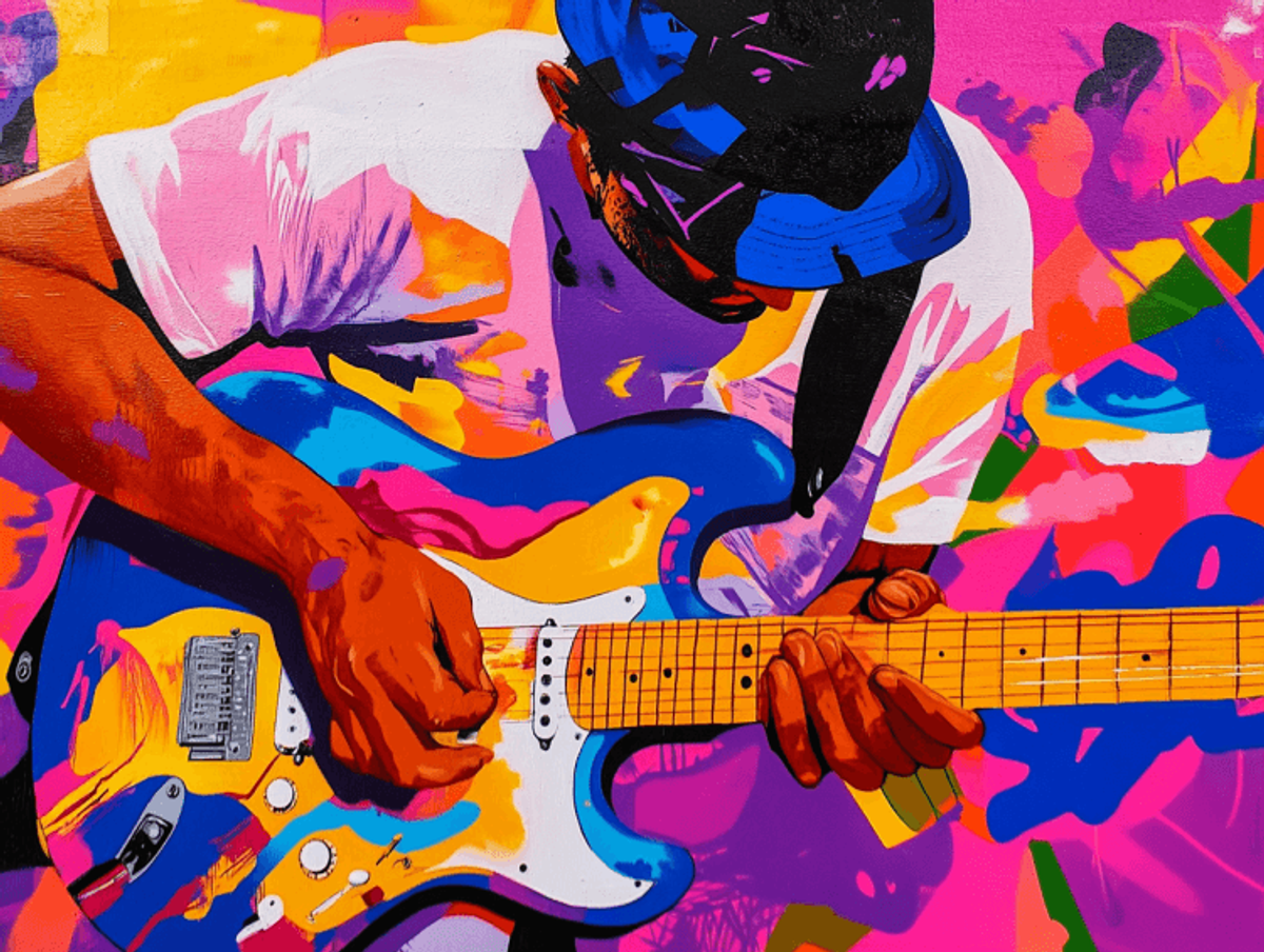 Colorful mural of musician playing electric guitar.