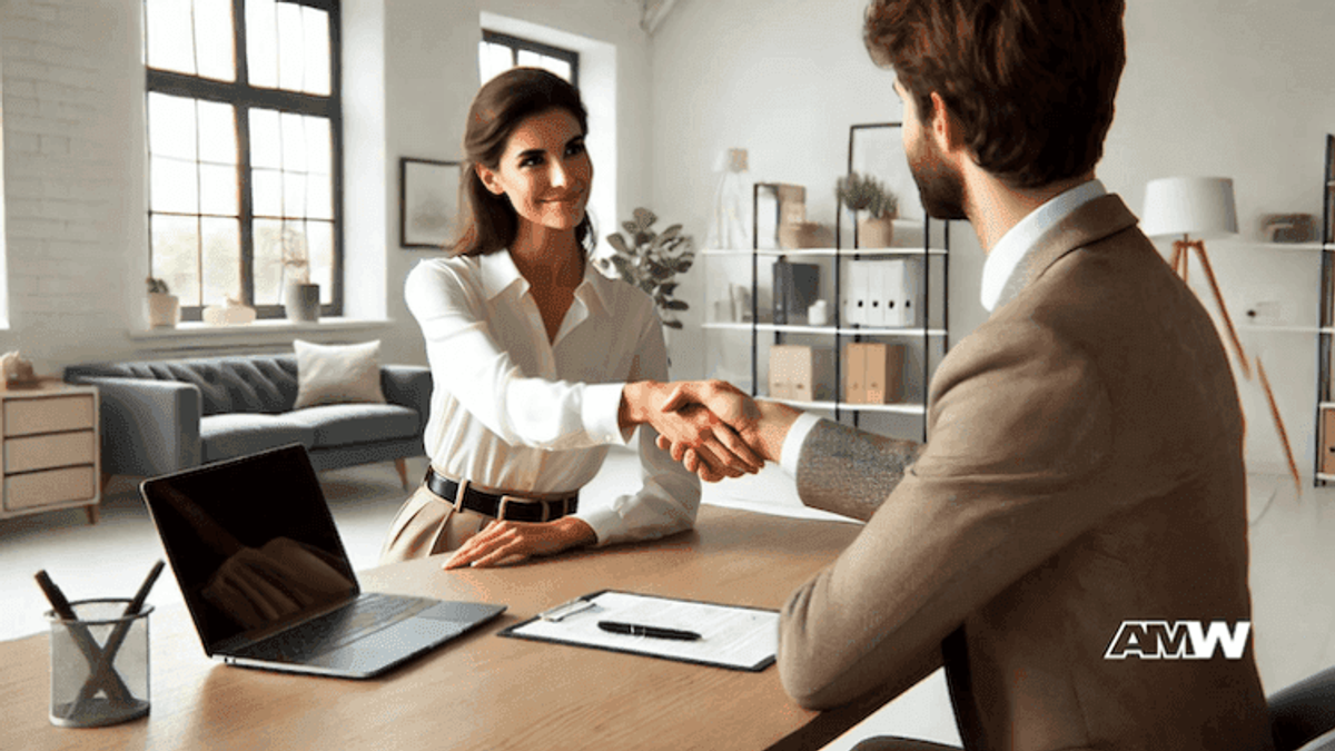 Two people shaking hands in an office.