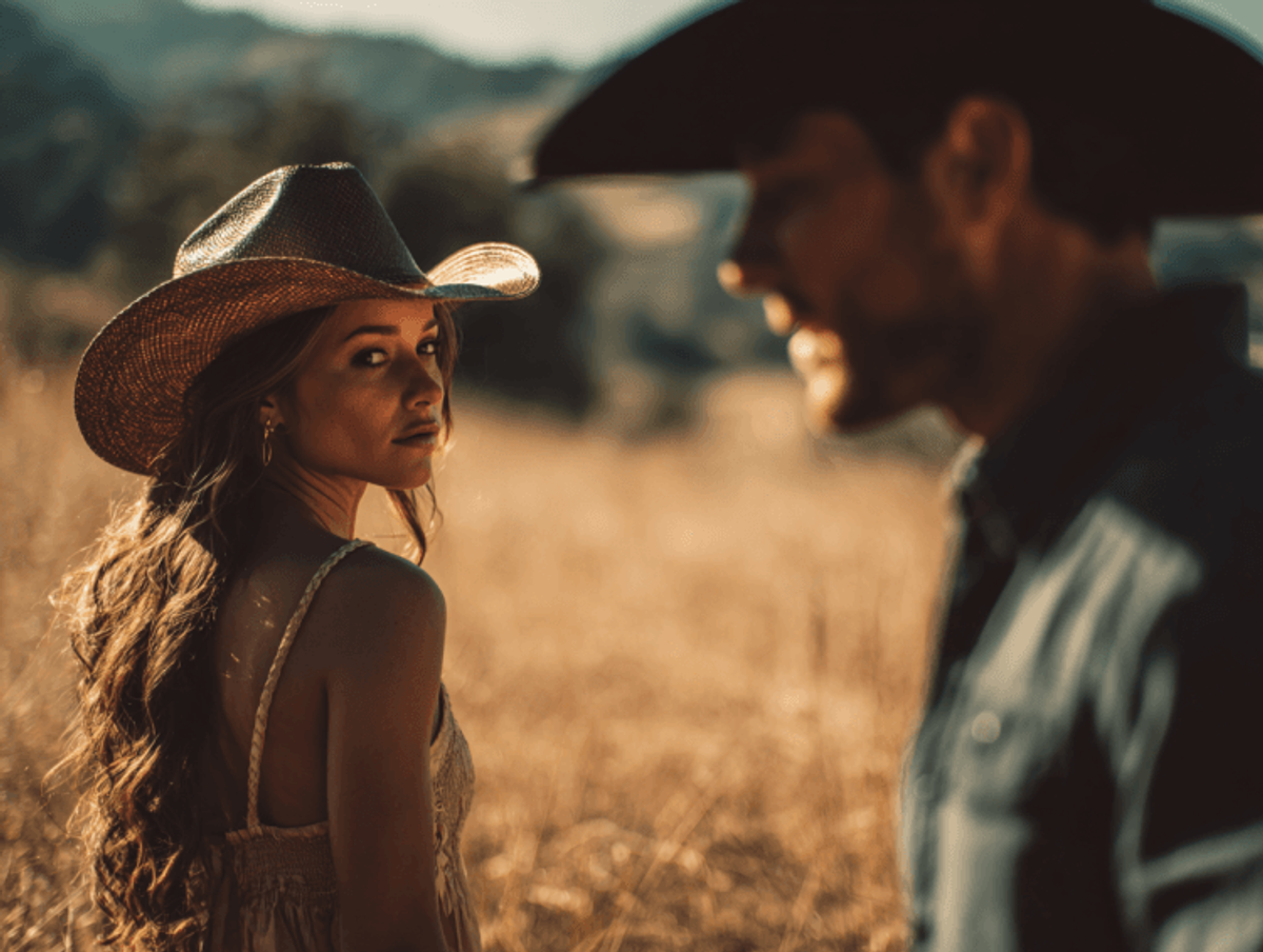 Cowboy and cowgirl in a sunny field