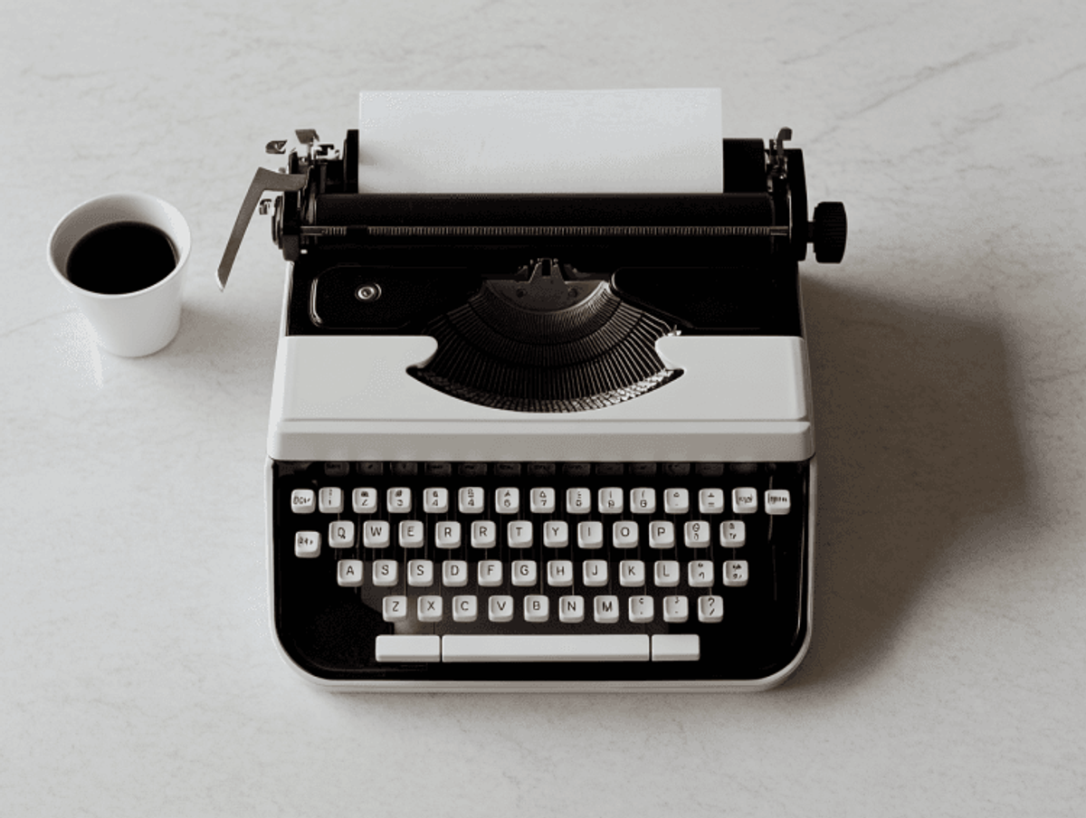 Vintage typewriter with paper and coffee on table.