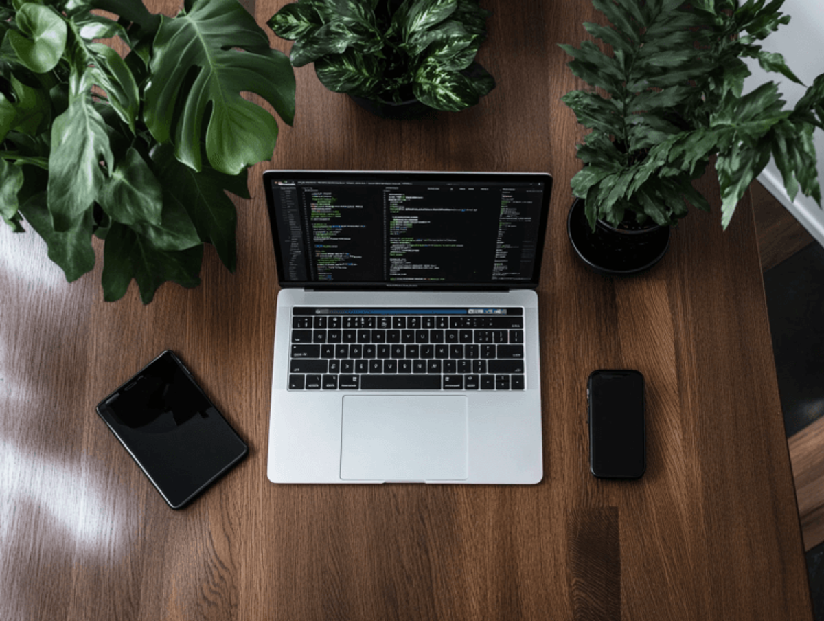 Laptop with code on wooden desk, surrounded by plants.