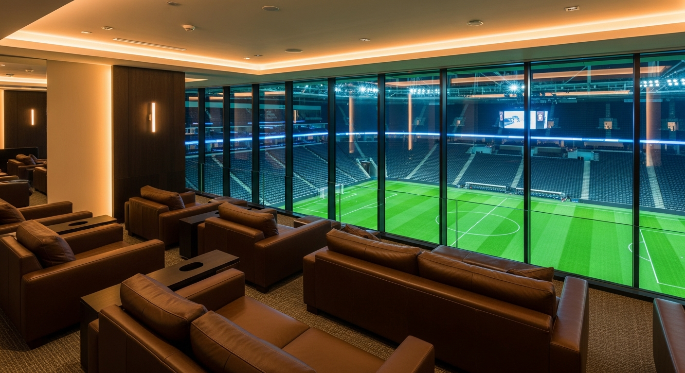 Luxury sports arena suite with leather seating and field view