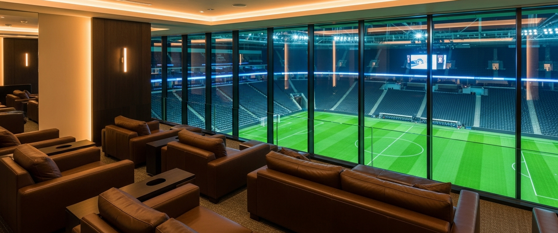 Luxury sports arena suite with leather seating and field view