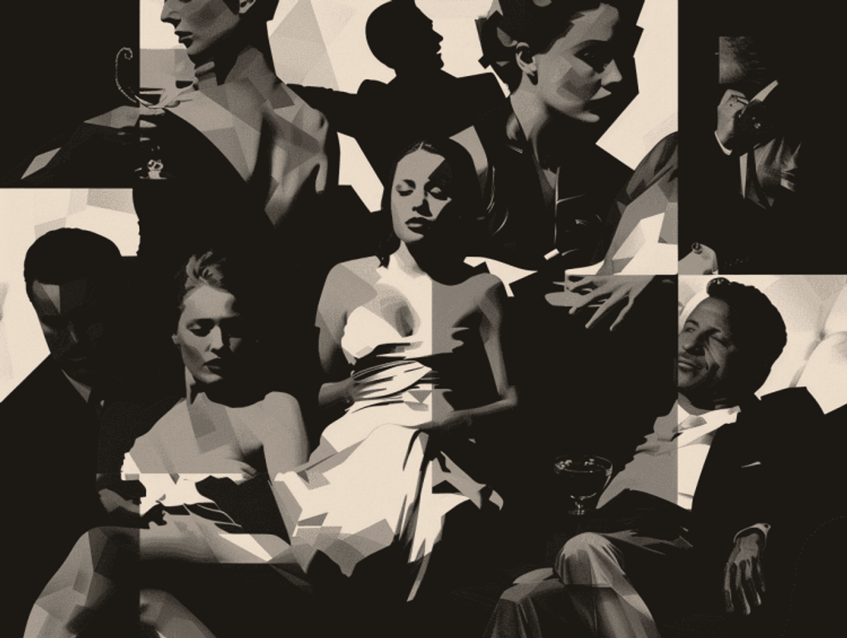 Stylish people in monochrome geometric art.