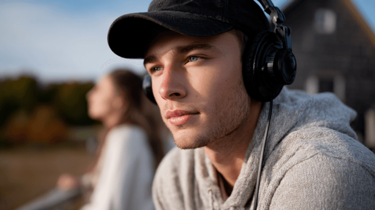 Man with headphones outdoors, thoughtful expression