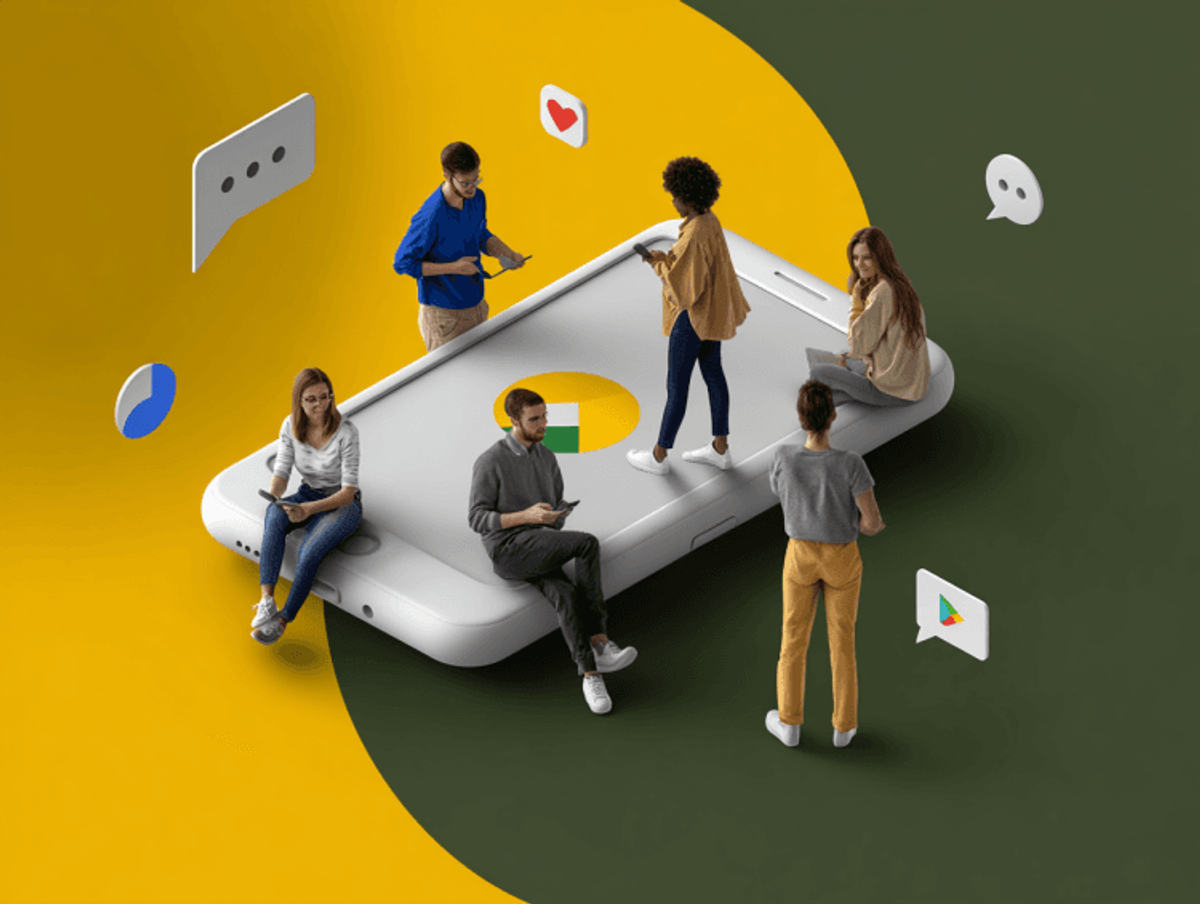 People interacting on giant smartphone with icons.